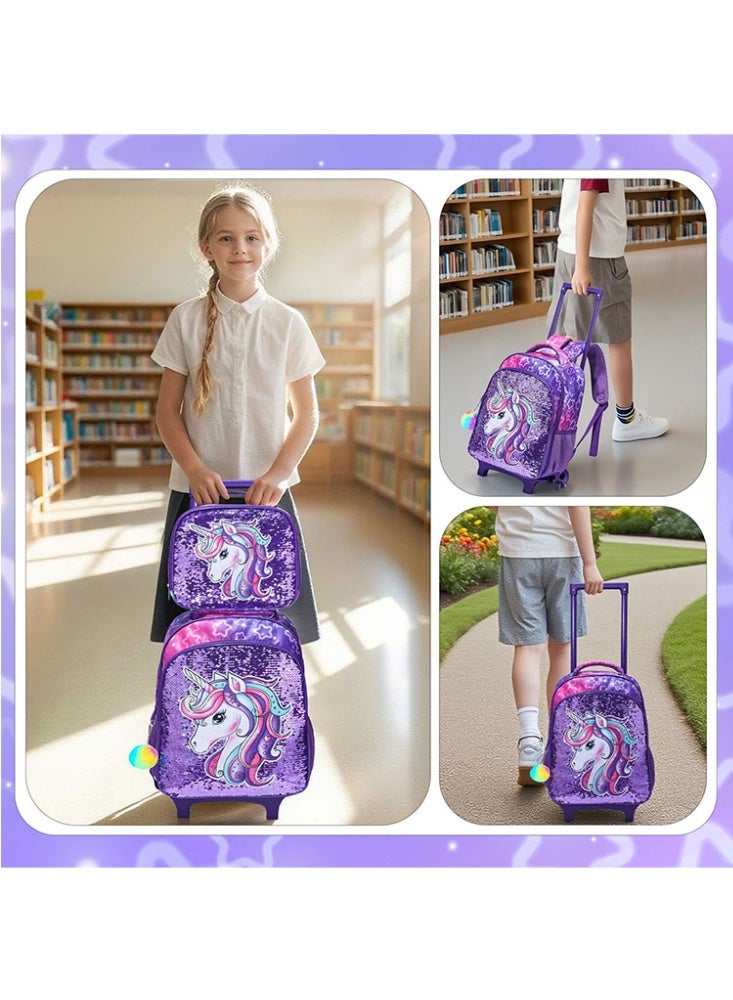 JCB CHIC مجموعة من 3 قطع حقيبة ظهر متدحرجة للأطفال، حقيبة كرتونية لطيفة ذات عجلتين مع صندوق غداء وحقيبة أقلام، حقيبة سفر متعددة الجيوب للأطفال، حقيبة يد للأطفال الصغار في المرحلة الابتدائية - Image 3