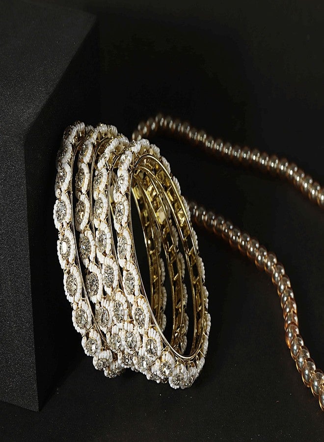 NMII Metal White Moti Bangles with Zircon Diamond Stone For Women & Girls | Gold Plated Bangles | Gold Bangles | Women Kada Gold | Bangles For Girls | Golden Bangles-(MAH115-Gold-2.6) - Image 4