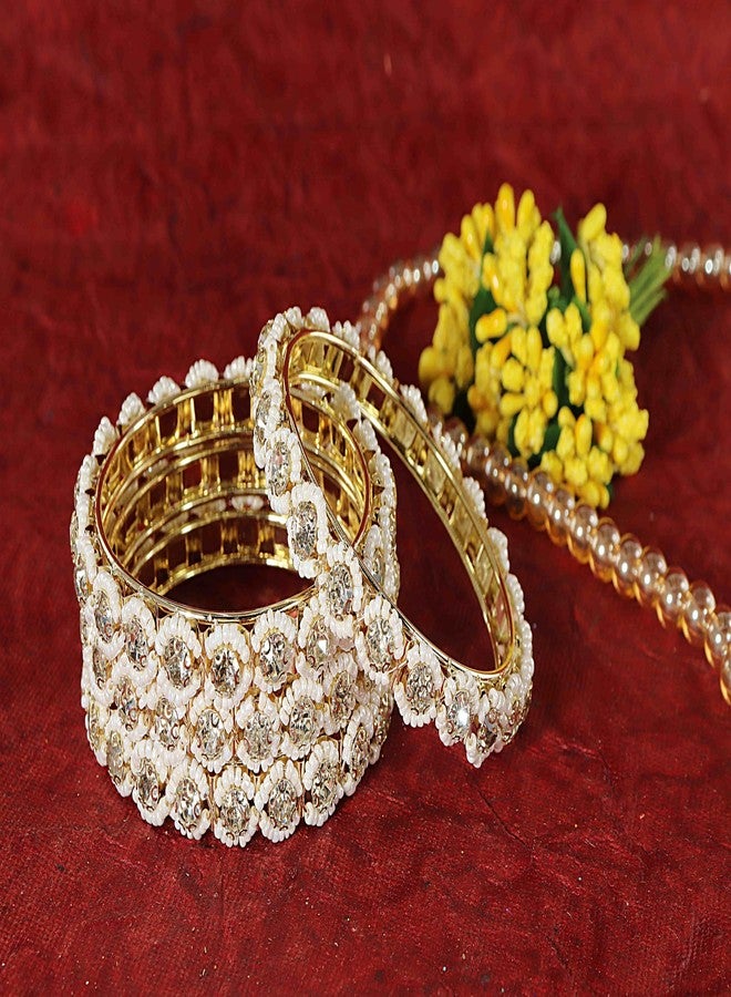 NMII Metal White Moti Bangles with Zircon Diamond Stone For Women & Girls | Gold Plated Bangles | Gold Bangles | Women Kada Gold | Bangles For Girls | Golden Bangles-(MAH115-Gold-2.6) - Image 3