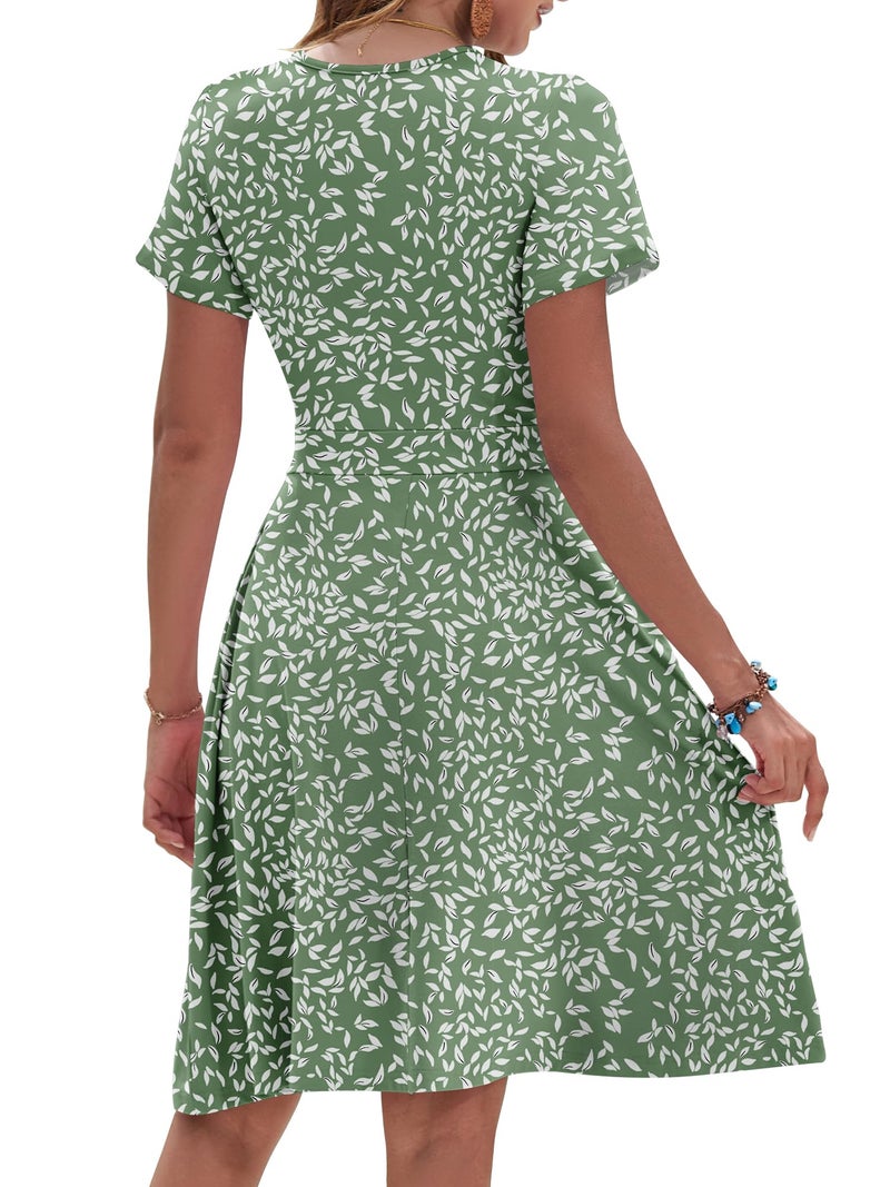 AUSELILY Summer Dresses for Women 2026 Short Sleeve V Neck Casual Sundress with Pockets, Olive Green Leaves S - Image 4