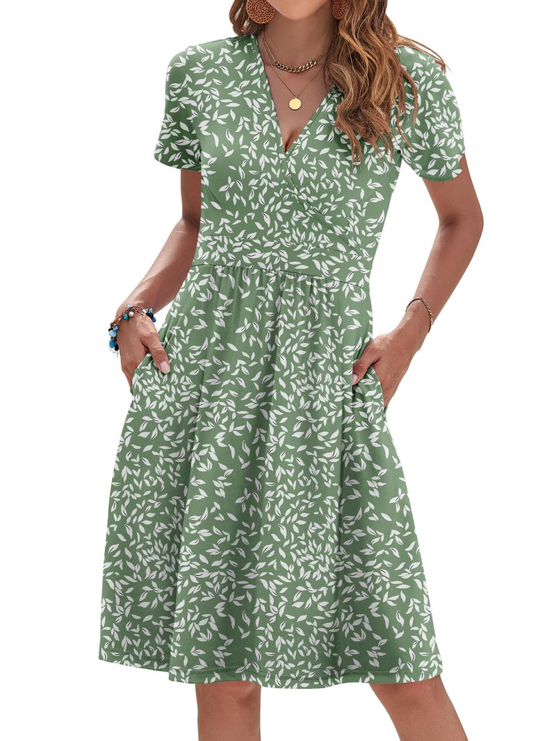 AUSELILY Summer Dresses for Women 2026 Short Sleeve V Neck Casual Sundress with Pockets, Olive Green Leaves S - Image 1