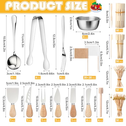 Widecook 270 Pcs Charcuterie Board Accessories Cheese Butter Spreader Knife Set Butcher Paper Roll Serving Tongs Forks Spoons Dipping Bowls Dippers Cocktail Picks for Party Wedding Christmas (Silver) - Image 2