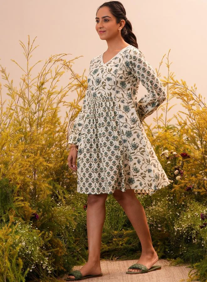 لباس Beige Printed Cotton A-Line Knee-Length Dress