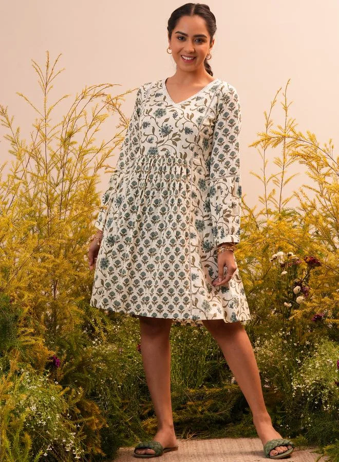 لباس Beige Printed Cotton A-Line Knee-Length Dress