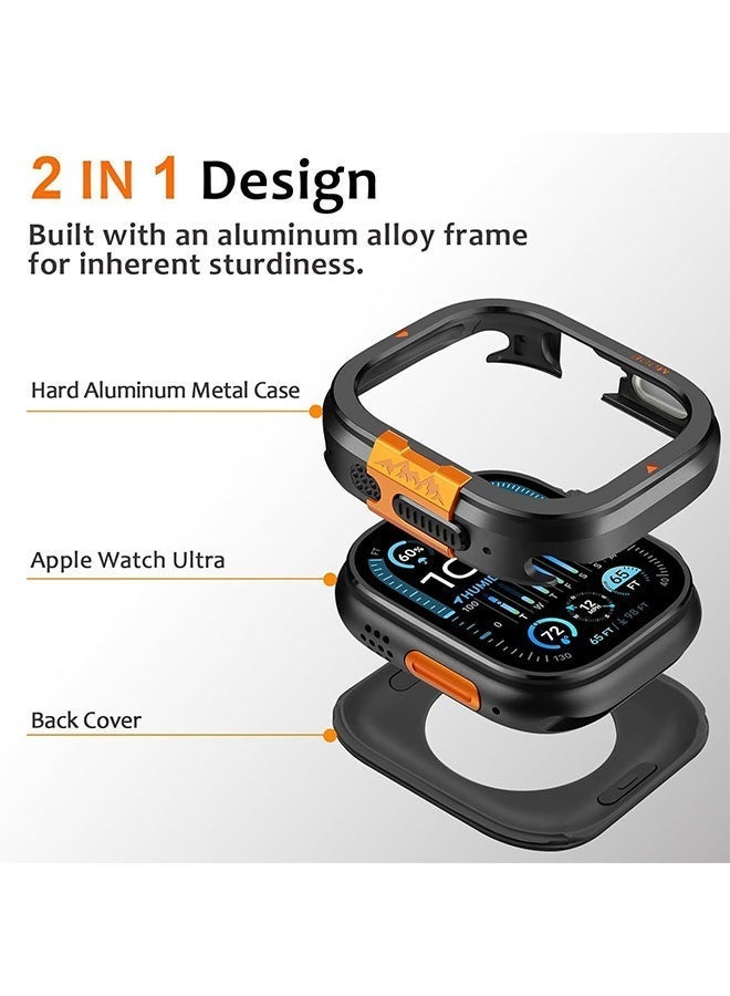 جراب معدني 2 في 1 لساعة Apple Watch Ultra 3/2/1 مقاس 49 مم، مصد معدني متين مع غطاء خلفي كامل - جراب واقٍ مقاوم للصدمات لساعة iWatch Ultra مقاس 49 مم، أسود - Image 2