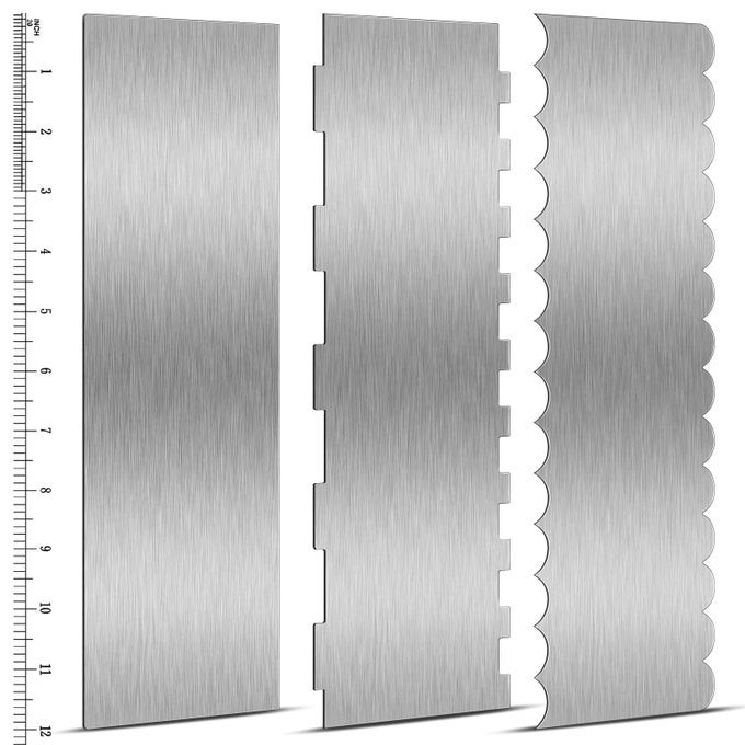 3 PCS 12 INCH CAKE SCRAPER SMOOTHER STAINLESS STEEL CAKE SCRAPER METAL LARGE DOUBLE SIDED PATTERNED EDGE DECORATING COMB ICING SMOOTHER FOR MOUSSE BUTTER CREAM DESSERT DECORATION