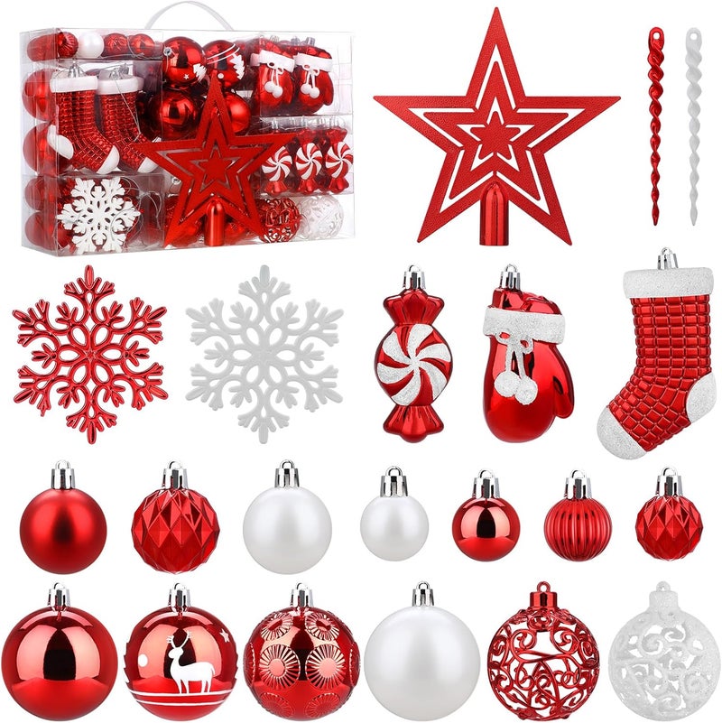 SOLEDI 128 Pcs Christmas Tree Decorations Set Assorted Christmas Ornaments, Pre-Tied Christmas Balls for Xmas Hanging Decorations Festival Holiday Decor, Shiny, Shatterproof Decorated Baubles, Red - Image 1