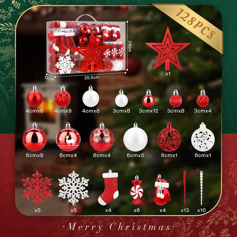 SOLEDI 128 Pcs Christmas Tree Decorations Set Assorted Christmas Ornaments, Pre-Tied Christmas Balls for Xmas Hanging Decorations Festival Holiday Decor, Shiny, Shatterproof Decorated Baubles, Red - Image 2