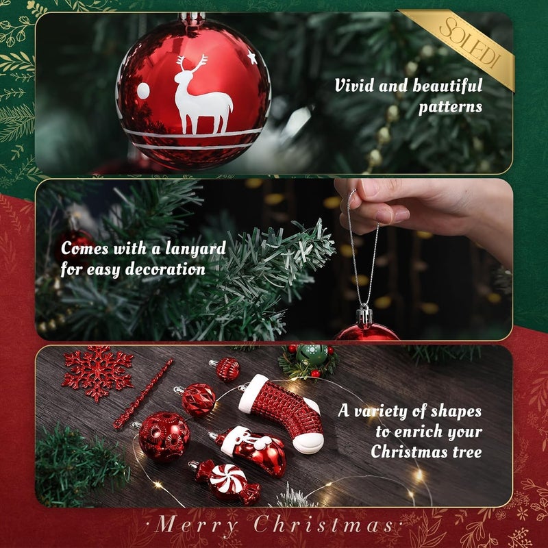 SOLEDI 128 Pcs Christmas Tree Decorations Set Assorted Christmas Ornaments, Pre-Tied Christmas Balls for Xmas Hanging Decorations Festival Holiday Decor, Shiny, Shatterproof Decorated Baubles, Red - Image 3