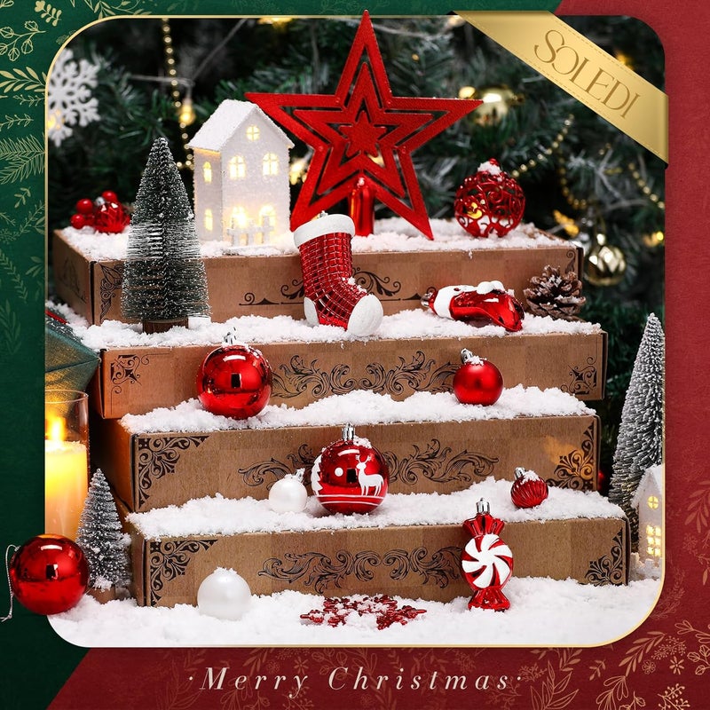 SOLEDI 128 Pcs Christmas Tree Decorations Set Assorted Christmas Ornaments, Pre-Tied Christmas Balls for Xmas Hanging Decorations Festival Holiday Decor, Shiny, Shatterproof Decorated Baubles, Red - Image 5