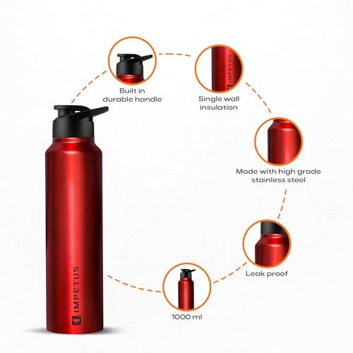 IMPETUS Stainless Steel Water Bottle Sipper 1L (1000ml) Leakproof, Rust free metal bottle & Lightweight Best use for Gym, Office, School, Travel & Fridge– Red - Image 2