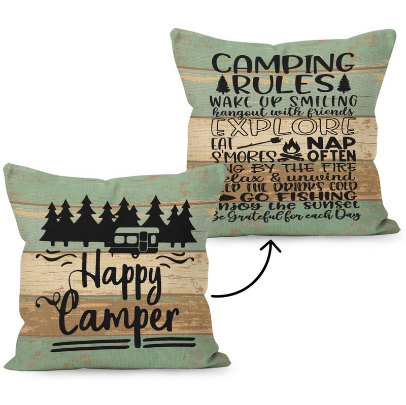 HUYAW Rustic Happy Camper Wood Board Reversible Throw Pillow Cover, Camping Camper Gifts for Women Men, Camping Rules Pillow Case 18 x 18 Inch Home RV Camper Bed Sofa Decor - Image 1