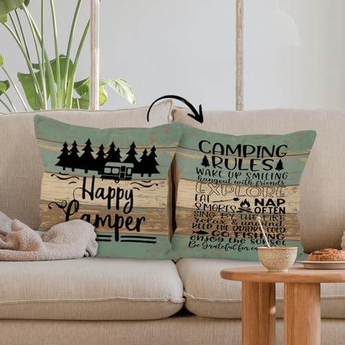 HUYAW Rustic Happy Camper Wood Board Reversible Throw Pillow Cover, Camping Camper Gifts for Women Men, Camping Rules Pillow Case 18 x 18 Inch Home RV Camper Bed Sofa Decor - Image 5