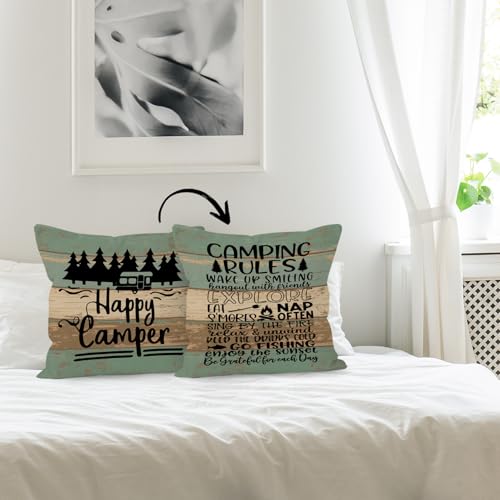 HUYAW Rustic Happy Camper Wood Board Reversible Throw Pillow Cover, Camping Camper Gifts for Women Men, Camping Rules Pillow Case 18 x 18 Inch Home RV Camper Bed Sofa Decor - Image 4