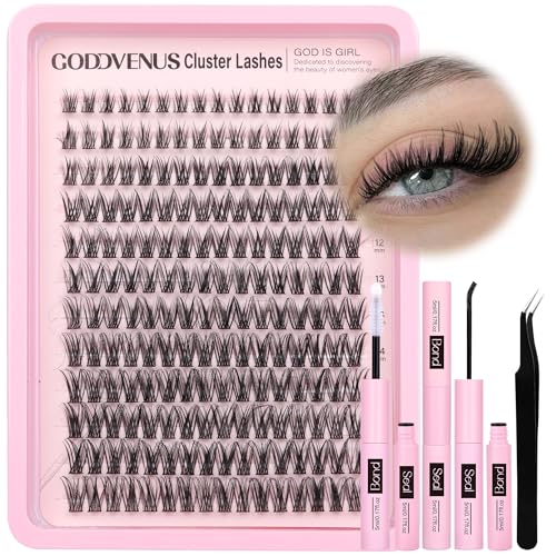 Goddvenus Goddvenus Lash Clusters Kit Wispy Lash Extension Kit Waterproof Lashes Clusters DIY Eyelash Clusters Kit with Natural Individual Eyelashes Lashes Glue Bond and Seal and Lash Tweezers D Curl 192pcs