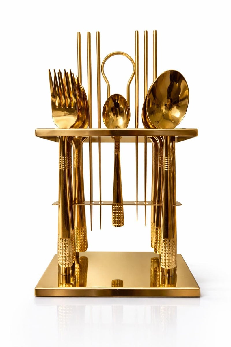 24-Piece Stainless Steel Flatware Set with Stand, Cutlery Set, Include Knives Forks Spoons Large and Small Cutlery Set Service for 6, Dishwasher Safe (Gold, Shape 1)