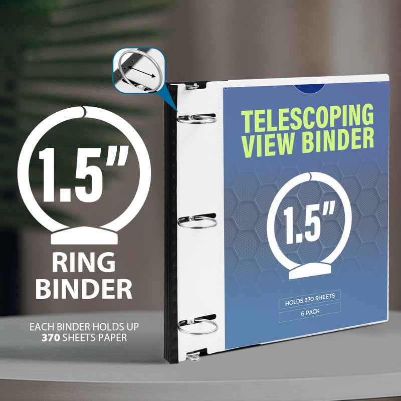 WOT I 1.5 Inch Telescoping 3 Ring Binder 6 Pack, Expandable Flexible Binder with Customizable Front Cover & Clear Catalog Pocket, Holds 370 Sheets, Assorted Colors, School Office Supplies - Image 5