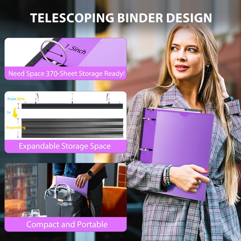 WOT I 1.5 Inch Telescoping 3 Ring Binder 6 Pack, Expandable Flexible Binder with Customizable Front Cover & Clear Catalog Pocket, Holds 370 Sheets, Assorted Colors, School Office Supplies - Image 2