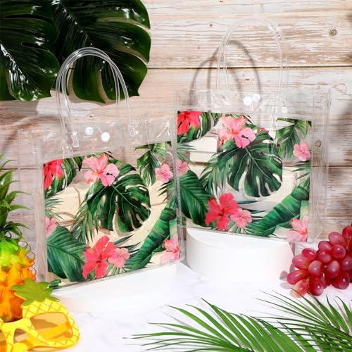 Aliceset 20 Pcs Clear Aloha Bags Hawaiian Luau Party Favors with Handles Summer Tropical Palm Leaves Goodie PVC Plastic Gift Bags for Summer Birthday Party Supplies, 8 x 8 x 3.15 Inch - Image 3
