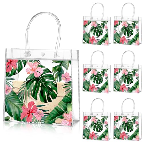 Aliceset 20 Pcs Clear Aloha Bags Hawaiian Luau Party Favors with Handles Summer Tropical Palm Leaves Goodie PVC Plastic Gift Bags for Summer Birthday Party Supplies, 8 x 8 x 3.15 Inch - Image 1
