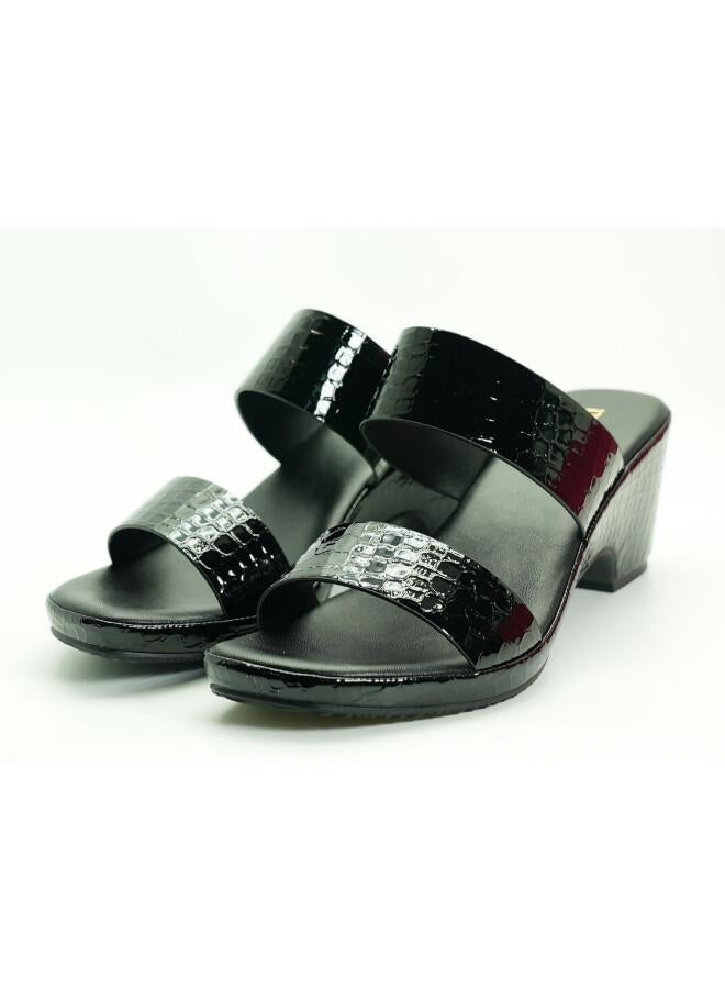 Michelle Morgan 092-3074 Michelle Morgan Women's Patent Croc-Texture Double Strap Block Heel Sandals 514RJ21H Black - Image 2