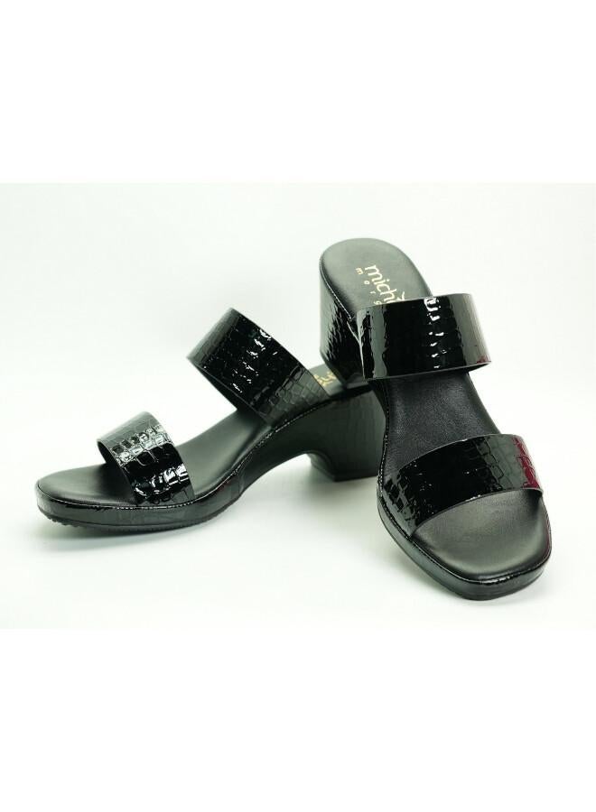 Michelle Morgan 092-3074 Michelle Morgan Women's Patent Croc-Texture Double Strap Block Heel Sandals 514RJ21H Black - Image 4