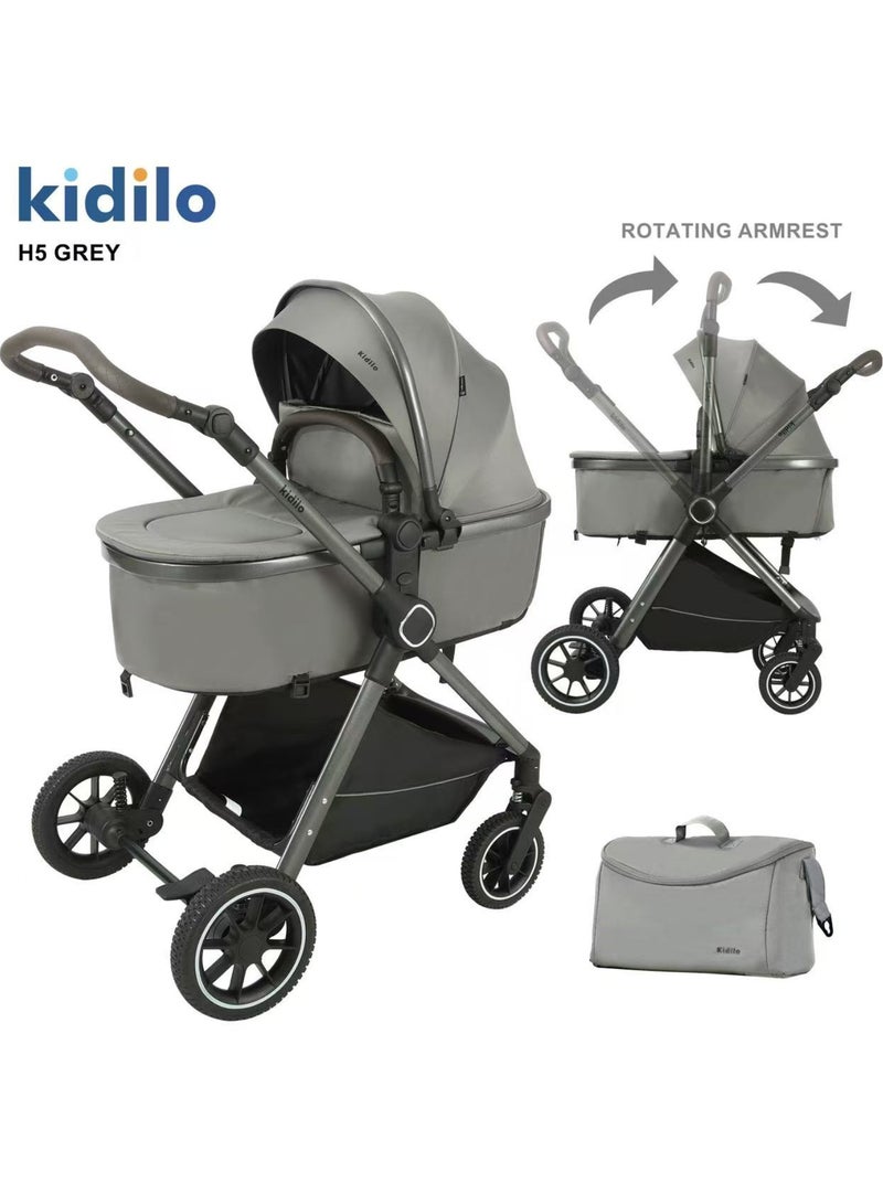كيديليو عربة الأطفال Kidilo H5 – نظام سفر فاخر 3 في 1 مزودة بمسند ذراع دوّار، وقابلة للطي بشكل مدمج، ونظام تعليق سلس، وغطاء قابل للتعديل، وسهلة التخزين – مثالية لحديثي الولادة والأطفال الصغار، خفيفة الوزن وأنيقة التصميم.