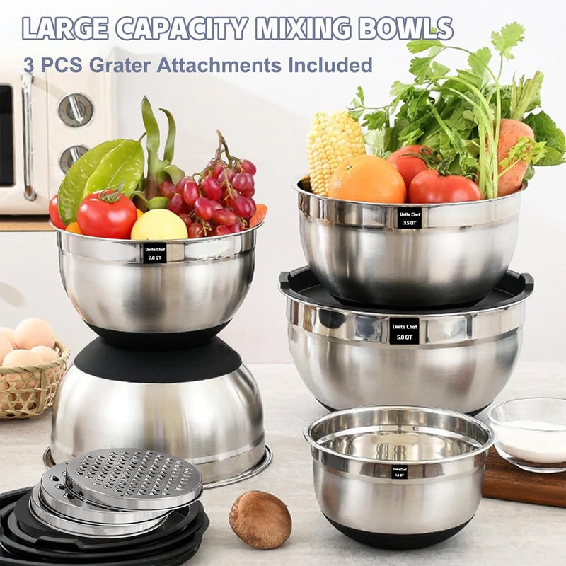 Umite Chef أوعية خلط من مع أغطية محكمة الإغلاق، 8 قطع مجموعة أوعية تراص من الفولاذ المقاوم للصدأ، 3 ملحقات مبشرة وقواعد غير قابلة للانزلاق، أوعية مطبخ سوداء، مقاسات 5، 4، 3.5، 2، 1.5 كوارت للخبز والتقديم - Image 5
