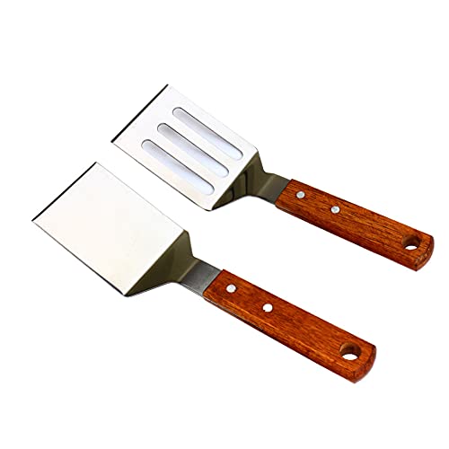 KLAQQED 2 PCS Metal Spatula for Cast Iron Skillet, Stainless Steel Grill Spatula Slotted Turner Fish with Wood Handle Flat Top Griddle for Cooking BBQ - Image 1