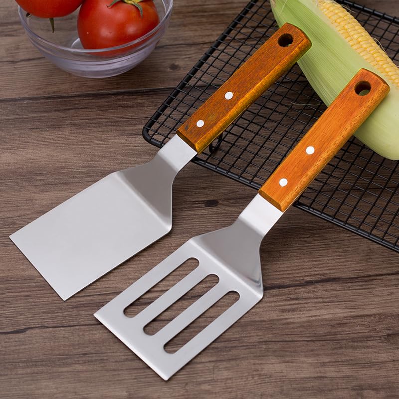 KLAQQED 2 PCS Metal Spatula for Cast Iron Skillet, Stainless Steel Grill Spatula Slotted Turner Fish with Wood Handle Flat Top Griddle for Cooking BBQ - Image 2