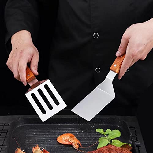 KLAQQED 2 PCS Metal Spatula for Cast Iron Skillet, Stainless Steel Grill Spatula Slotted Turner Fish with Wood Handle Flat Top Griddle for Cooking BBQ - Image 3
