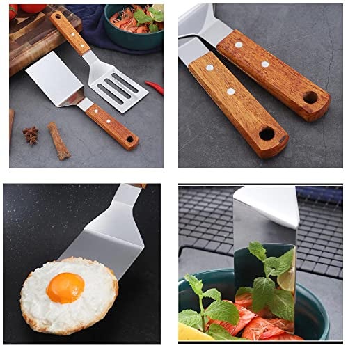 KLAQQED 2 PCS Metal Spatula for Cast Iron Skillet, Stainless Steel Grill Spatula Slotted Turner Fish with Wood Handle Flat Top Griddle for Cooking BBQ - Image 4