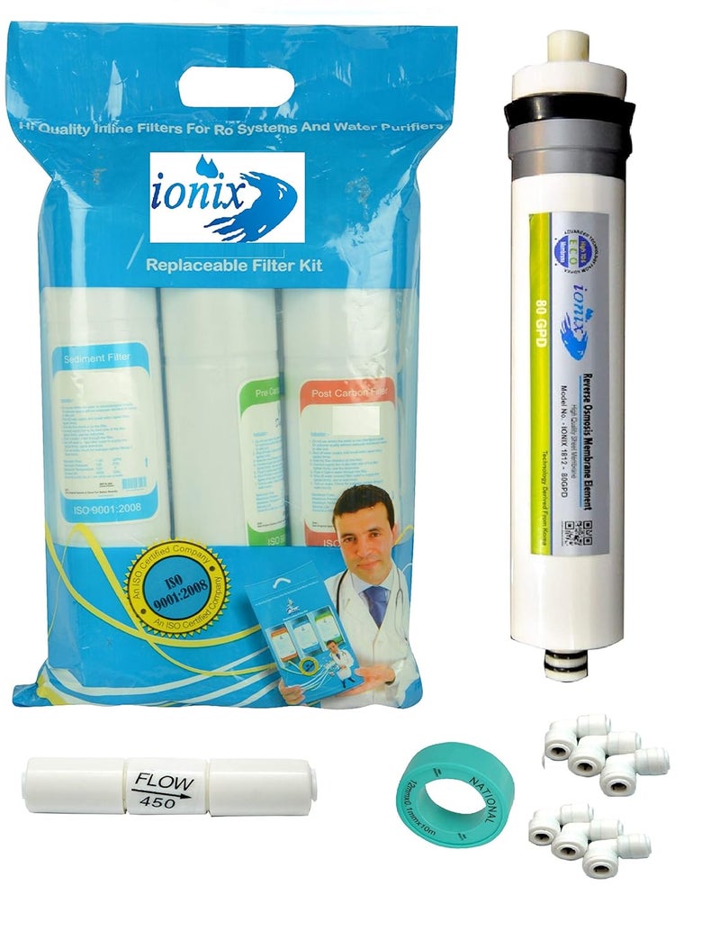 Ionix Ro Service kit with RO Membrane 80 GPD, Carbon Filter & Sediment Filter for ro Water Purifier, White - Image 1