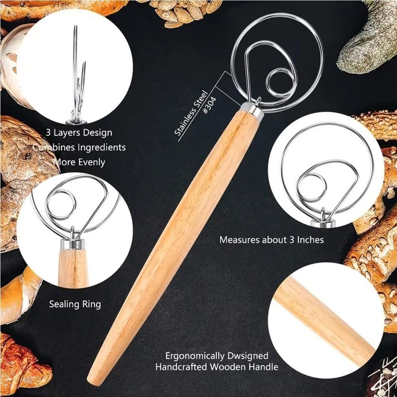 FveBzem Danish Dough Whisk 13"" Stainless Steel Bread Whisk Bread Making Tools Danish Dough Hook Bread Dough Mixer Hand Bread Dough Whisk For Pastry  Baking Cake  Dessert  Sourdough  Pizza  With Wooden Handle - Image 4