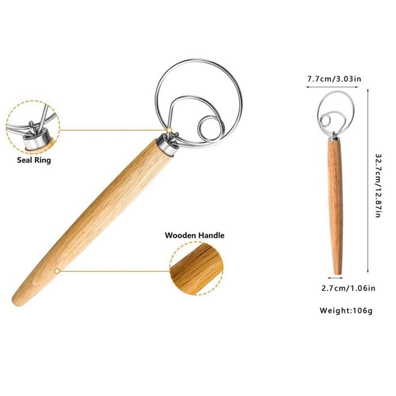 FveBzem Danish Dough Whisk 13"" Stainless Steel Bread Whisk Bread Making Tools Danish Dough Hook Bread Dough Mixer Hand Bread Dough Whisk For Pastry  Baking Cake  Dessert  Sourdough  Pizza  With Wooden Handle - Image 2