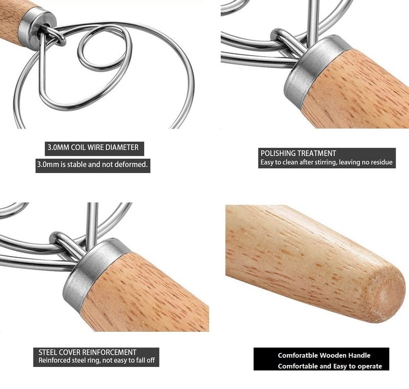 FveBzem Danish Dough Whisk 13"" Stainless Steel Bread Whisk Bread Making Tools Danish Dough Hook Bread Dough Mixer Hand Bread Dough Whisk For Pastry  Baking Cake  Dessert  Sourdough  Pizza  With Wooden Handle - Image 5