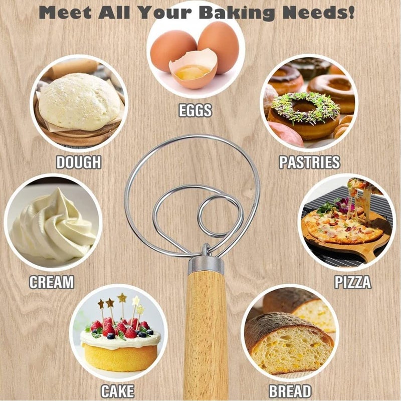 FveBzem Danish Dough Whisk 13"" Stainless Steel Bread Whisk Bread Making Tools Danish Dough Hook Bread Dough Mixer Hand Bread Dough Whisk For Pastry  Baking Cake  Dessert  Sourdough  Pizza  With Wooden Handle - Image 3