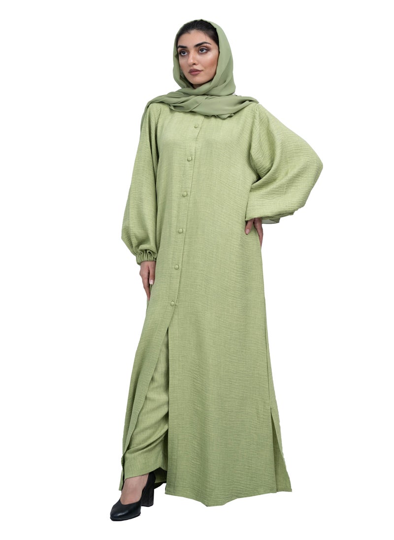 NUKHBAA Pastel Green Front-Open Co-Ord Set in CY MilanC fabric with Button Detailing includes hijab-2P643  - Image 1