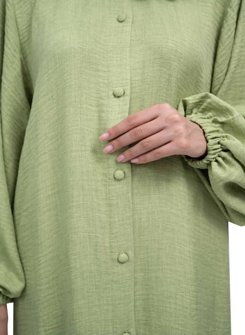 NUKHBAA Pastel Green Front-Open Co-Ord Set in CY MilanC fabric with Button Detailing includes hijab-2P643