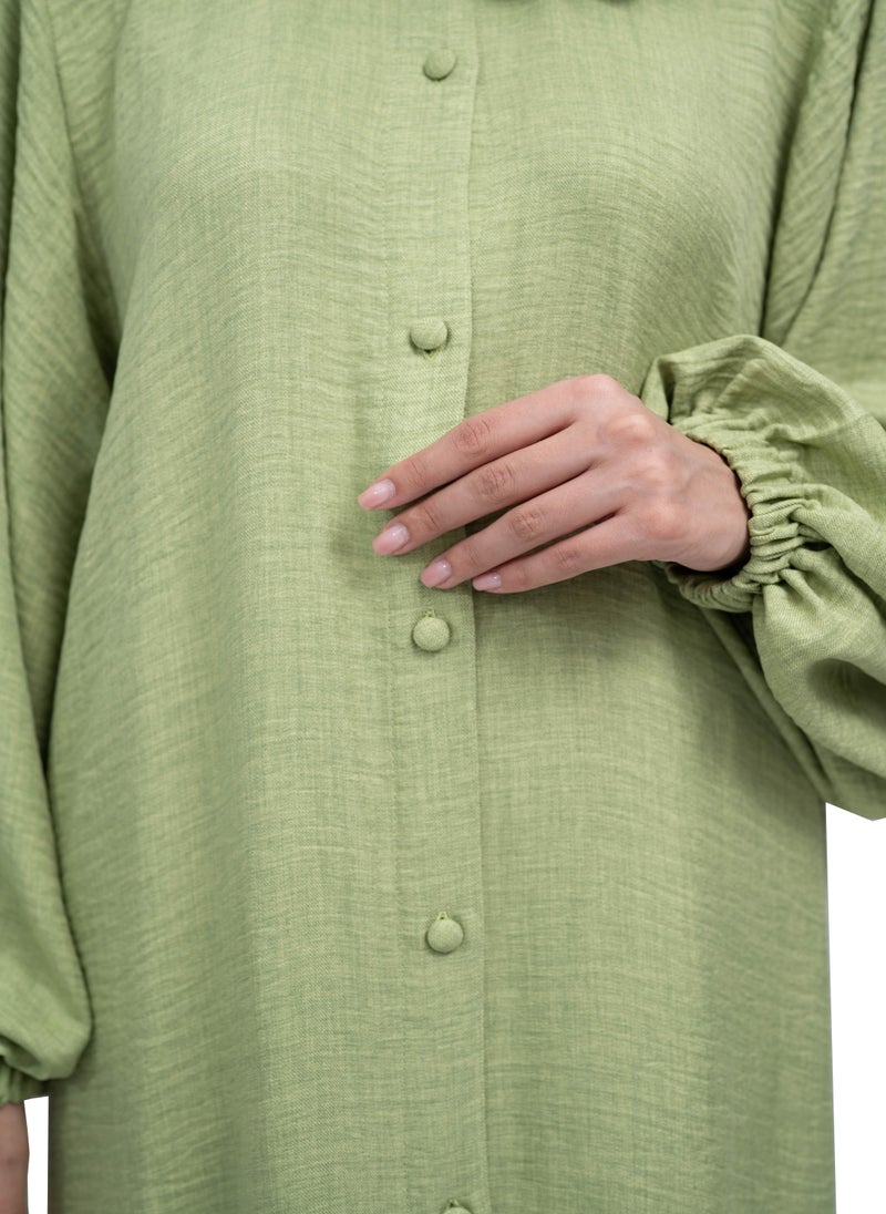 NUKHBAA Pastel Green Front-Open Co-Ord Set in CY MilanC fabric with Button Detailing includes hijab-2P643  - Image 3