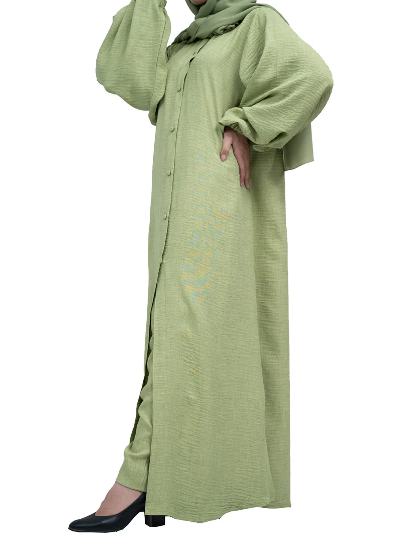 NUKHBAA Pastel Green Front-Open Co-Ord Set in CY MilanC fabric with Button Detailing includes hijab-2P643