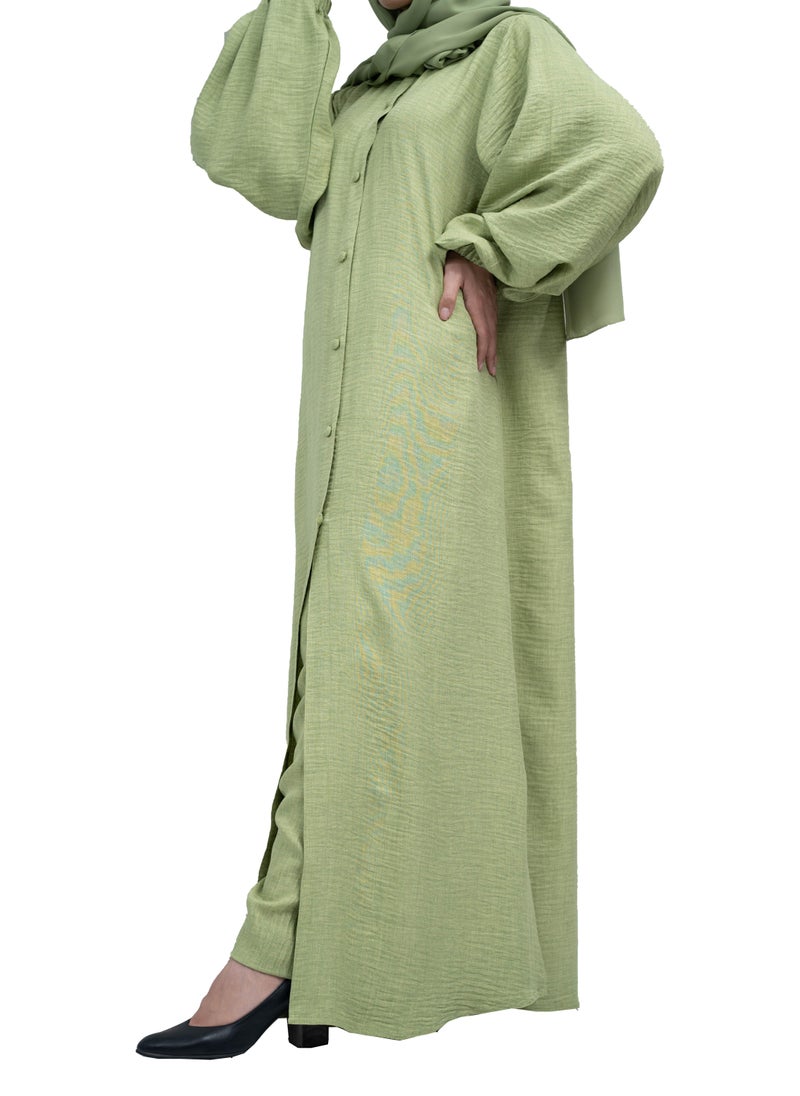 NUKHBAA Pastel Green Front-Open Co-Ord Set in CY MilanC fabric with Button Detailing includes hijab-2P643  - Image 4
