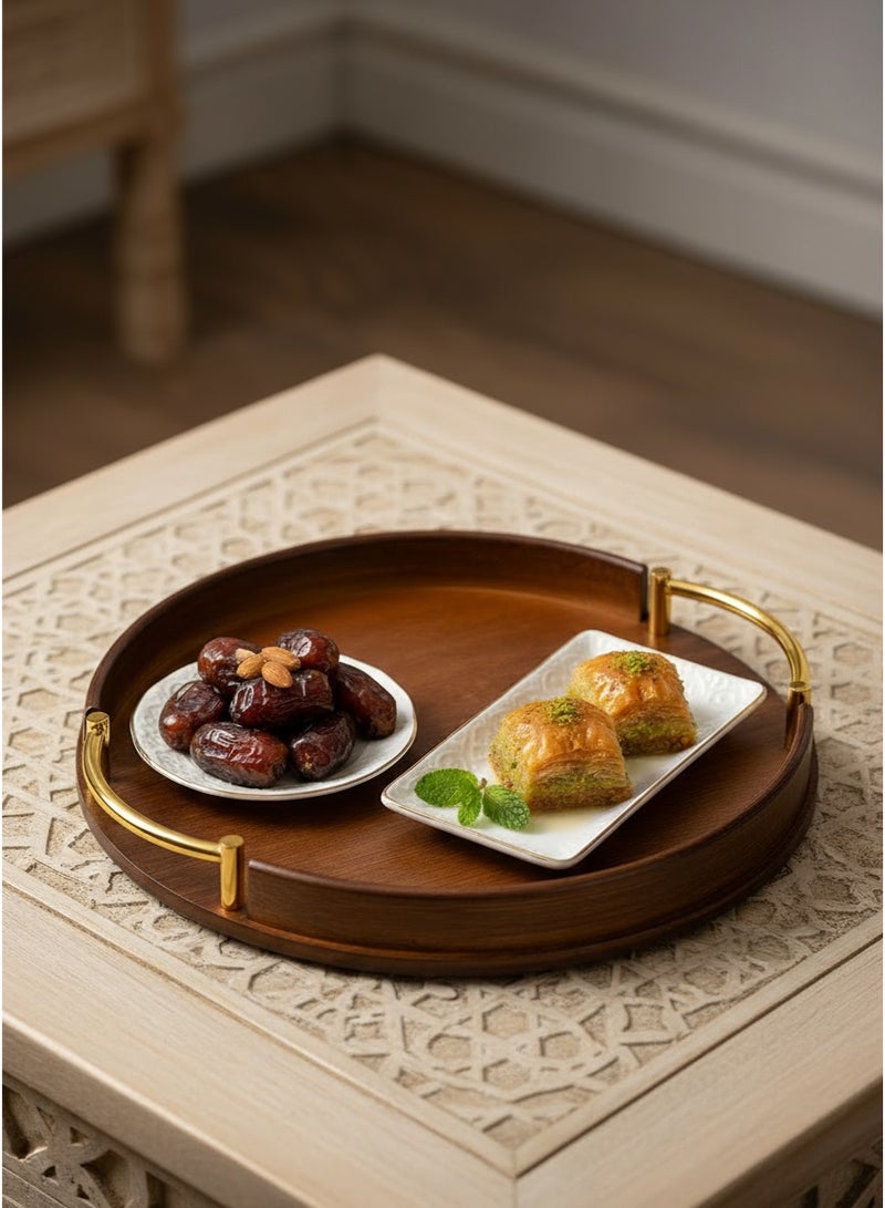 uoobox Bamboo Wood Round Brown Serving Tray with Handles, Stackable Circle Trays for Eating, Entertaining, Decorating, And Organizing - Image 1