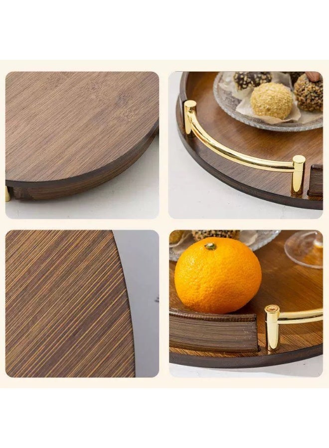 uoobox Bamboo Wood Round Brown Serving Tray with Handles, Stackable Circle Trays for Eating, Entertaining, Decorating, And Organizing - Image 4