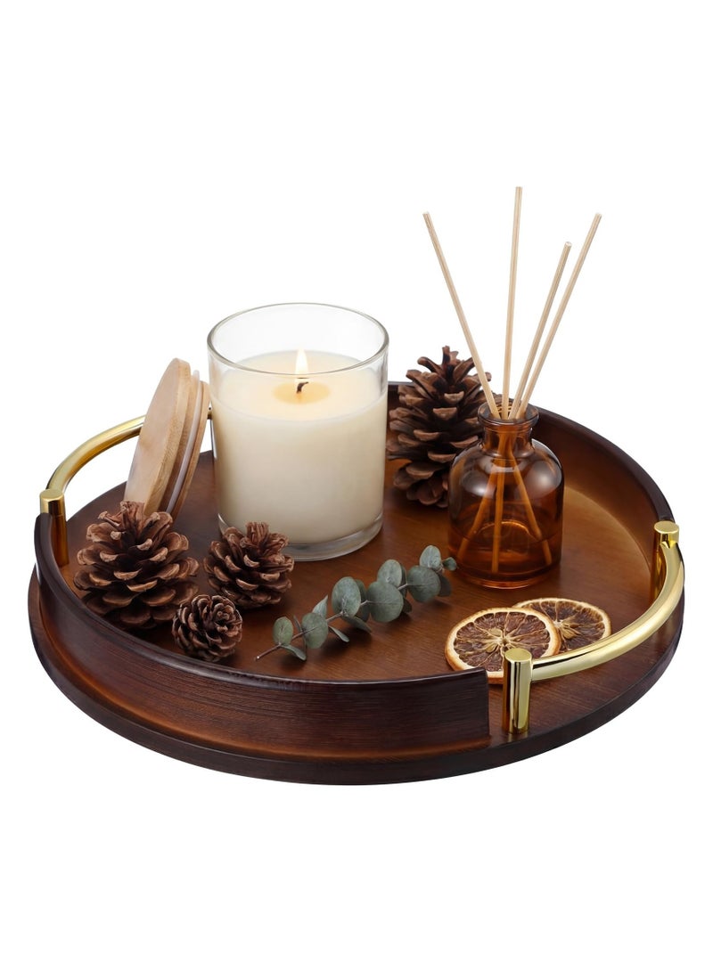 uoobox Bamboo Wood Round Brown Serving Tray with Handles, Stackable Circle Trays for Eating, Entertaining, Decorating, And Organizing - Image 1