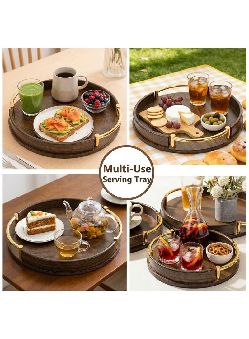 uoobox Bamboo Wood Round Brown Serving Tray with Handles, Stackable Circle Trays for Eating, Entertaining, Decorating, And Organizing - Image 3