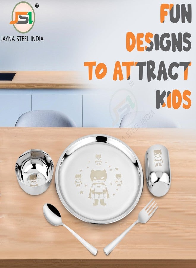 JSI طقم عشاء للأطفال من الفولاذ المقاوم للصدأ من JSI، مكون من 5 قطع، بنقش ليزر دائم - طقم عشاء من الفولاذ عالي الجودة 304، طبق عشاء بقطر 24 سم، كوب، وعاء، ملعقة، وشوكة - متين للغاية وآمن للاستخدام مع الطعام - Image 2
