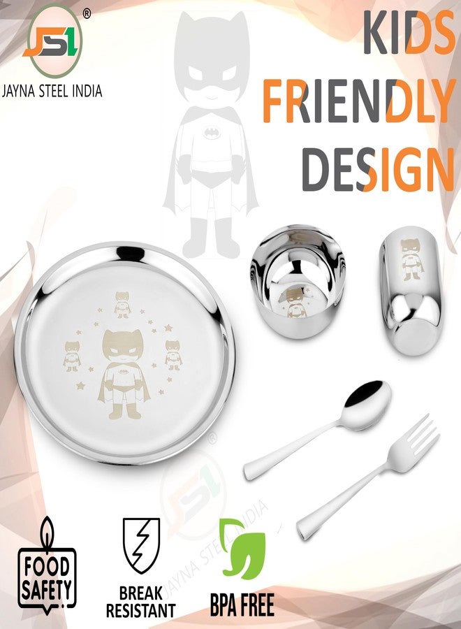 JSI طقم عشاء للأطفال من الفولاذ المقاوم للصدأ من JSI، مكون من 5 قطع، بنقش ليزر دائم - طقم عشاء من الفولاذ عالي الجودة 304، طبق عشاء بقطر 24 سم، كوب، وعاء، ملعقة، وشوكة - متين للغاية وآمن للاستخدام مع الطعام - Image 5