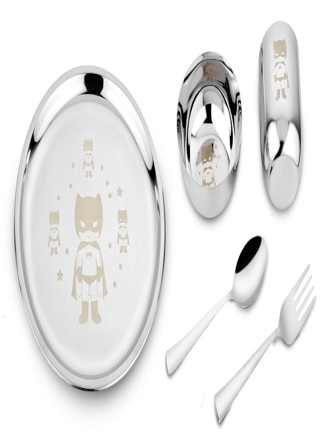 JSI طقم عشاء للأطفال من الفولاذ المقاوم للصدأ من JSI، مكون من 5 قطع، بنقش ليزر دائم - طقم عشاء من الفولاذ عالي الجودة 304، طبق عشاء بقطر 24 سم، كوب، وعاء، ملعقة، وشوكة - متين للغاية وآمن للاستخدام مع الطعام - Image 1