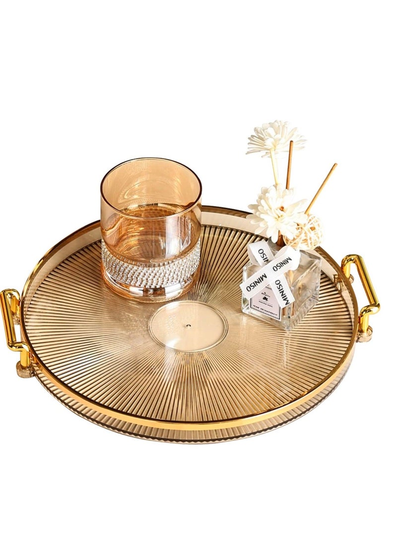 Serving Tray with Golden Handles, Acrylic Decorative Tray, Round Coffee Table Tray, Contemporary Decorative Table Tray, for Home, Restaurant, Table, Bar Drinks, Breakfast, Fruit(Brown) - Image 1